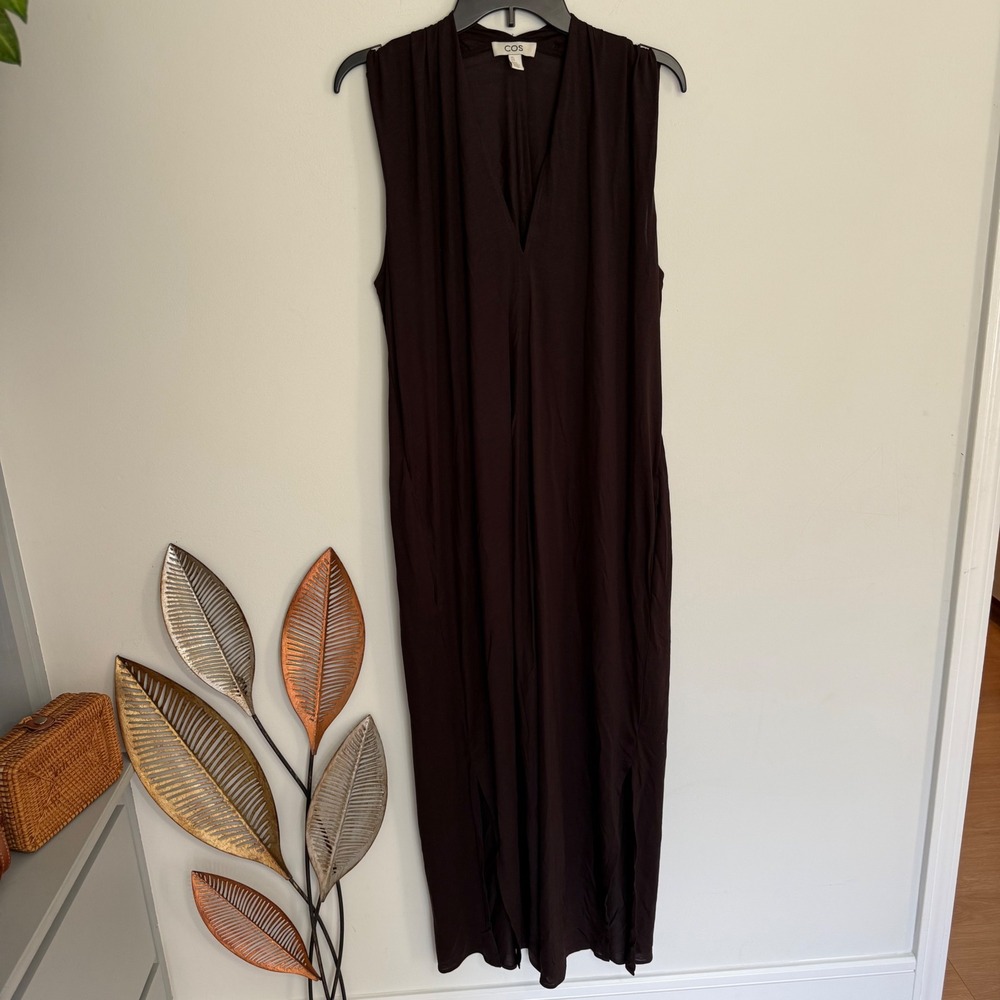 COS Sleeveless V-Neck Draped Maxi Dress Brown Jersey Knit Size Large - Picture 4 of 13
